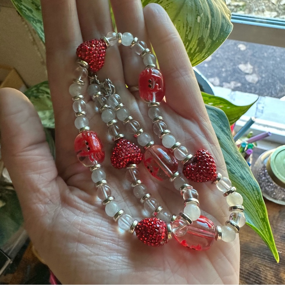 Sparkling Red Heart, Crab Lamp-work, Clear Crystal Quartz Necklace